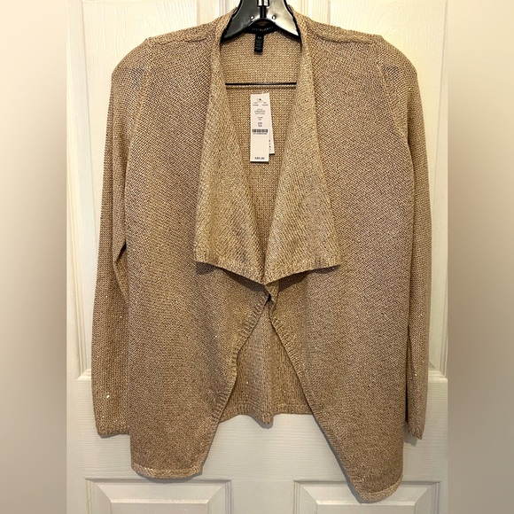 WHITE HOUSE BLACK MARKET Women’s Gold Sequin Cascade Open Front Knit Cardigan - Picture 1 of 6